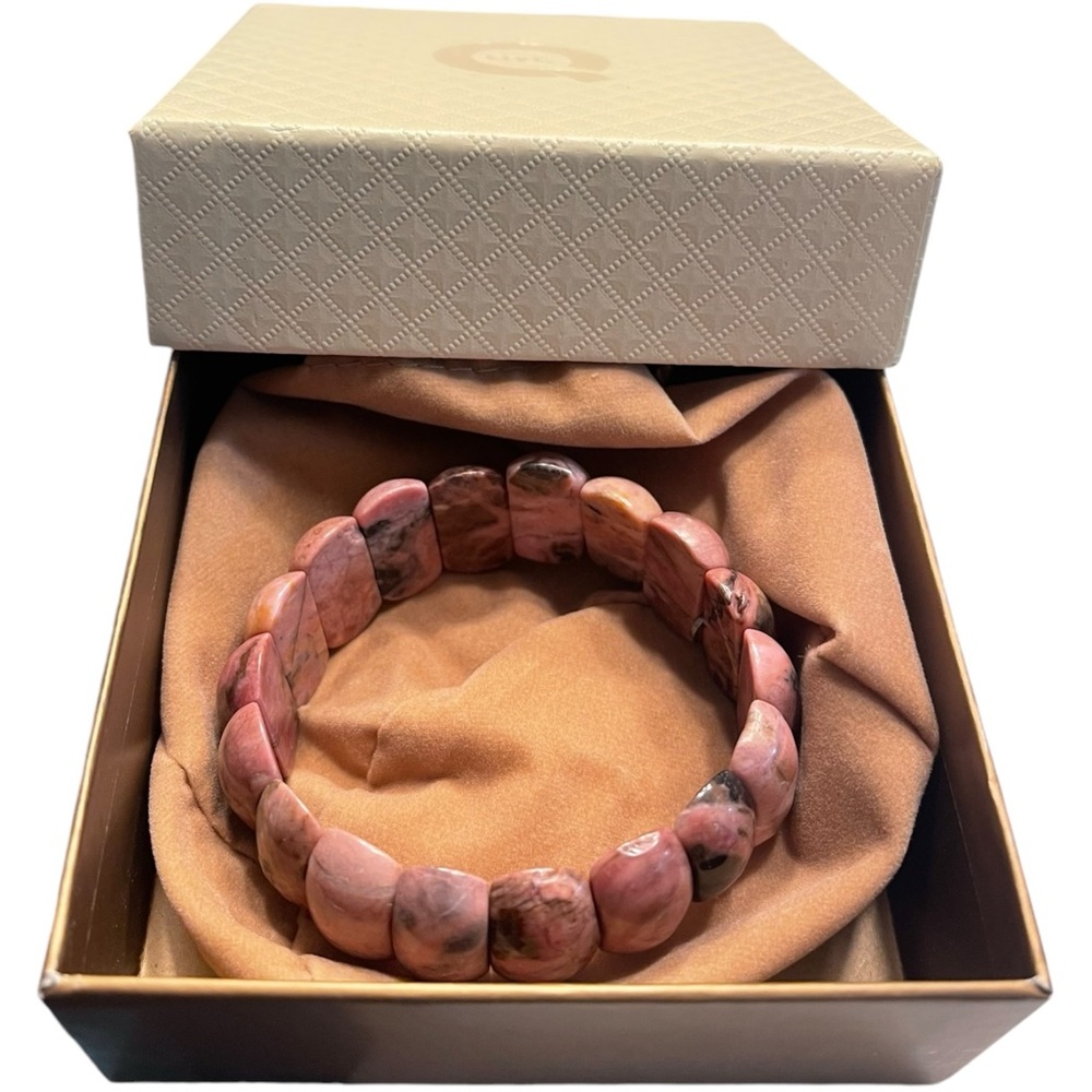 QVC Rhodonite Beaded Bracelet Stretch Fit Cabochon Pink/Black Crystal Gemstone
